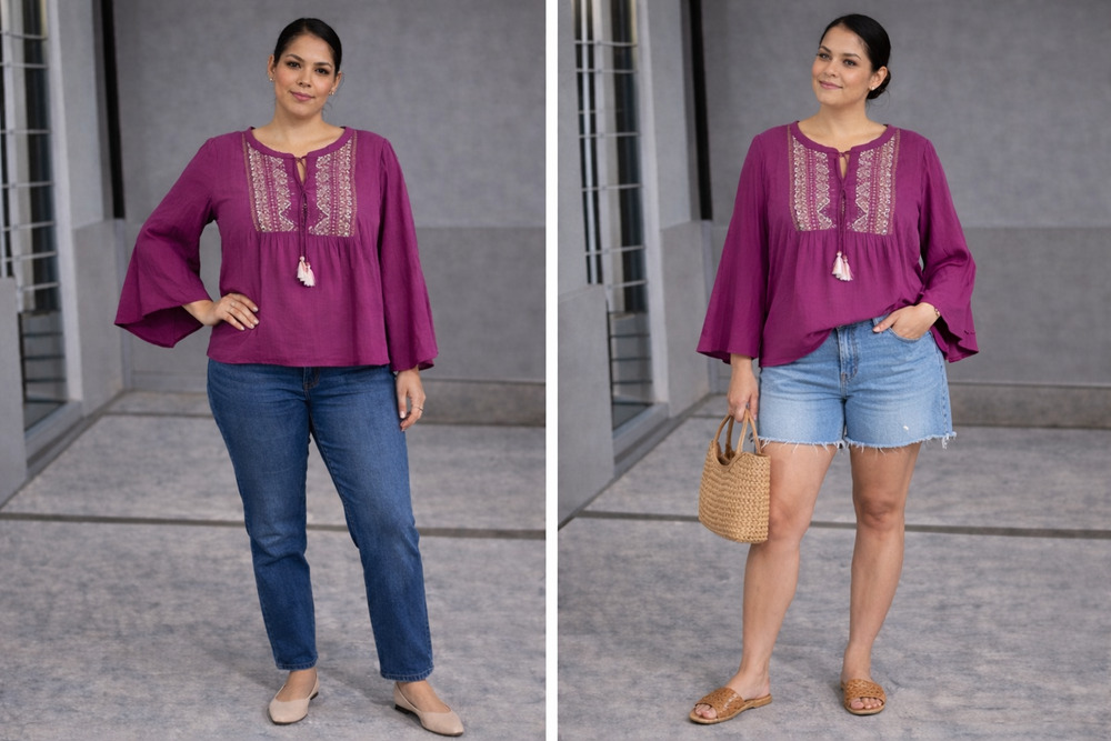 Frye And Co Top 3/4 Bell Sleeve Split Tie Neck Yoke Detail Burgundy Boho Sz-XXL